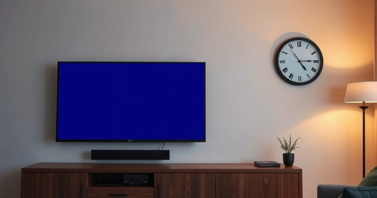 Televisão ligada em tela azul na sala com relógio de parede ao lado